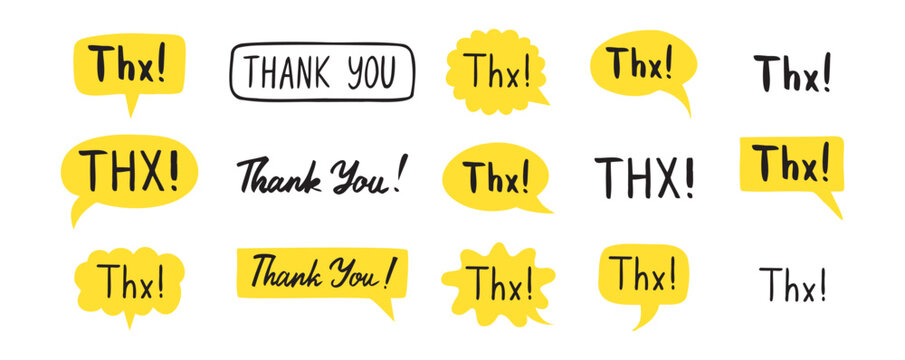 THX speech bubble yellow bright set. Thank you hand drawn quote text. Doodle thx phrase.