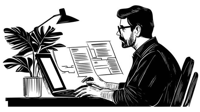 Business owner reviewing balance sheet entries, vector design