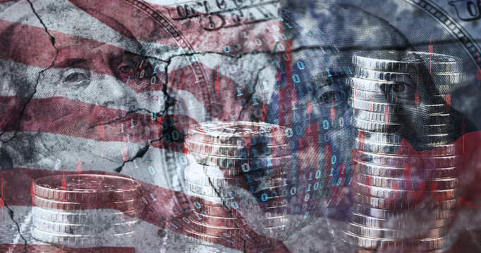 A conceptual image that superimposes elements of the US flag, dollars and binary code to symbolize economic or financial problems