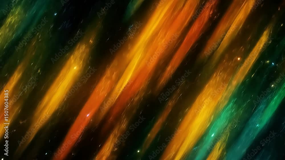 Poster colorful diagonal light streaks moving through dark space with glowing particles, symbolizing energy