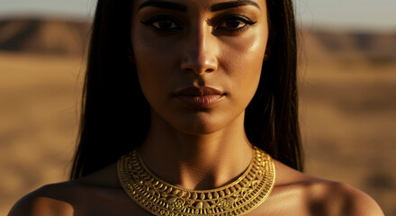 Elegant Woman With Gold Jewelry Posing in Desert Sunlight with Sparkling Shimmering Face and Brown Hair Portrait