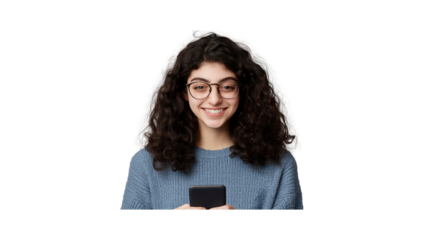 Happy Young Woman with Curly Hair Using Smartphone