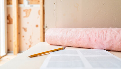 Insulation roll, pencil, and blueprint on a work table in a construction site  