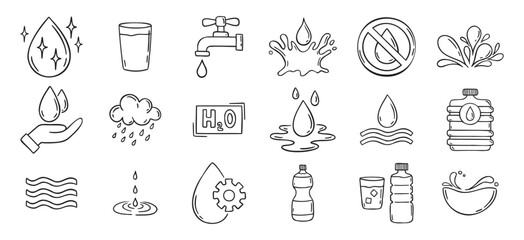 Water doodle hand drawn icons set. Water drawing sketch signs 