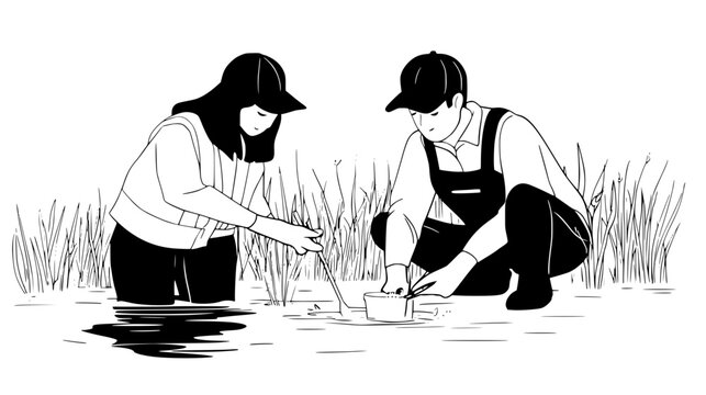 Scientists testing lake water quality, vector illustration art