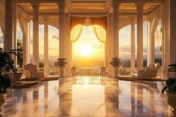 Grand sunset view from ornate marble balcony with luxurious pillars