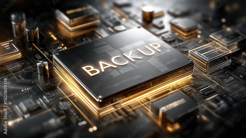 Aufkleber Backup concept embedded in futuristic golden microchip board with secure glowing circuitry and compact data environment, Generative AI
