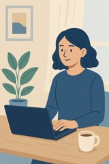 Businesswoman working from home on laptop with coffee