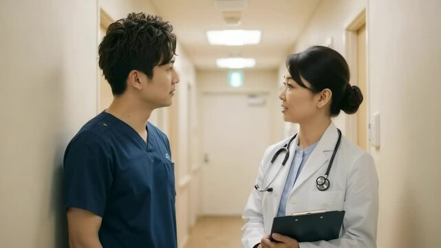 Doctor and nurse discussing work issues in a hospital hallway