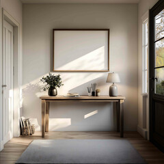 A photorealistic farmhouse style entryway with a Horizontal 43 Blank thin wooden frame on the wall a wooden table below with with a small green plant and lamp