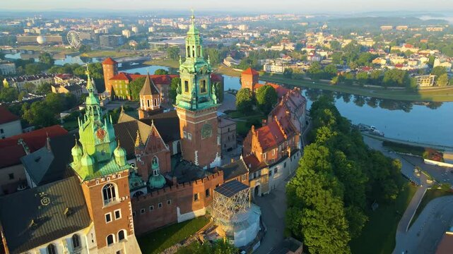 Wawel Castle architectural Krakow Poland drone view landscape city