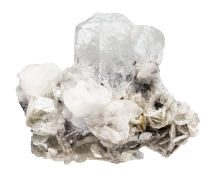 raw goshenite crystals on mica and feldspar