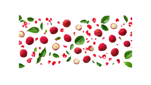 Lychee Fruit and Leaves Seamless Pattern on Transparent Background