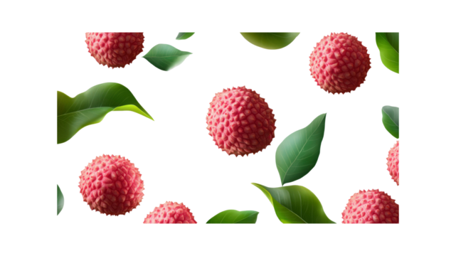 Lychee Fruit Seamless Pattern Vibrant Pink Berries and Lush Green Leaves on Transparent Background