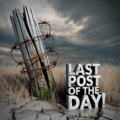 Eerie Abandoned Landscape: Barbed Wire and Weathered Wood Under Dramatic Sky