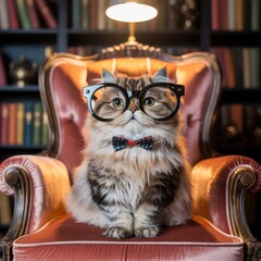 Stylish Feline with Glasses: Adorable and Sophisticated Cat in Armchair - Perfect for Home Decor and Interior Design