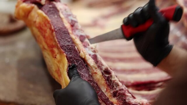 Artisan's Cut: A skilled artisan meticulously slices through a large cut of raw meat, showcasing the expertise and precision of the butchering process.