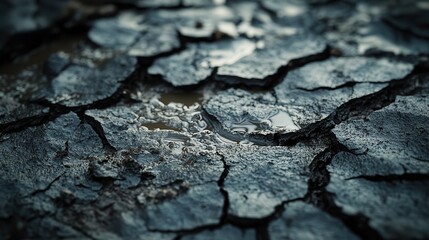 Dry Ground with Cracks and Rainwater Pools in Arid Landscape Close-up View