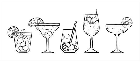 Collection of hand-drawn line sketches with different types of mocktails isolated on white background. Illustration set of party drinks with for logo, sticker, menu, or web banner.