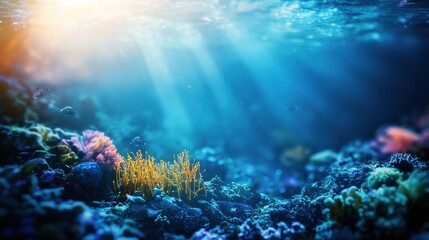 Naklejka premium Underwater Coral Reef Paradise: Sunbeams Illuminate Vibrant Ocean Life