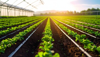 Rows of vibrant green leafy vegetables growing in a field near a greenhouse under the bright morning sunlight