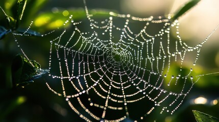 Spiderweb Covered with Morning Dew Drops Close Up Nature Scene