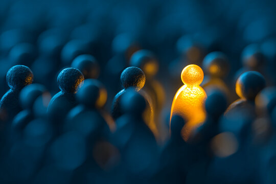 Unique figure stands out among many in a darkened environment with a warm glow