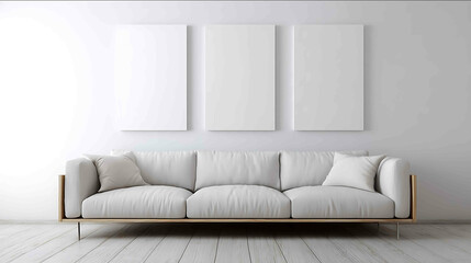 3 blank canvas A0 Paper hanging on a white wall with a sofa and everything symmetrical and clean and minimal