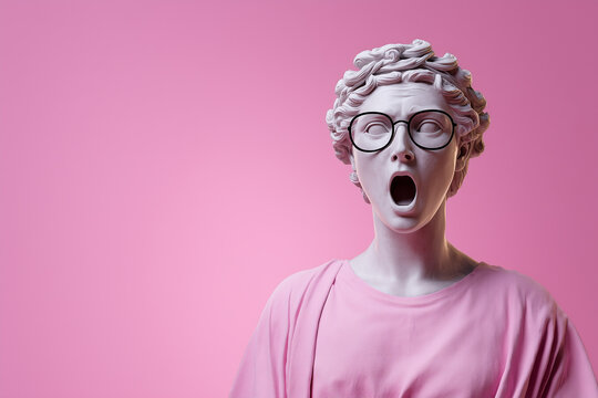 Screaming and surprised statue of a Greek goddess wearing glasses and a pink t-shirt on a pink background.