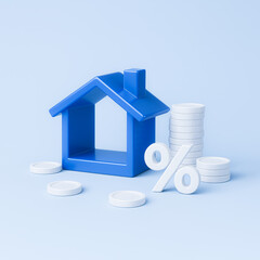 3D Render of Blue House with Coins and Percentage Symbol &ndash; Mortgage & Property Investment Concept