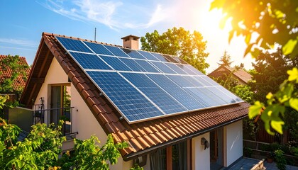 Fototapeta premium Solar panels on the roof of a house on a sunny day, harnessing solar energy