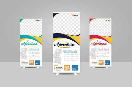 Promotional travel business rollup banner or pullup banner design template for travel agency rollup.