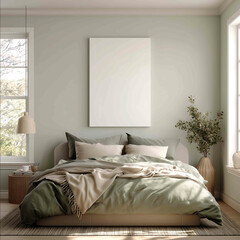 a cozy modern bedroom with a smooth lightcolored wall a blank white vertical 18x24 inch wraparound canvas centered above the headboard at true scale canvas i