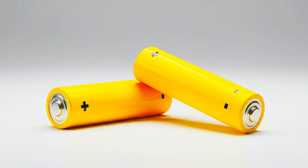 Two yellow aa batteries lying on a white surface against a light gray colored background plain scene