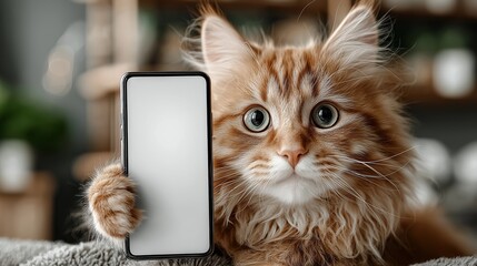 Curious feline holds phone while sitting on soft blanket, capturing the playful essence of a cozy indoor afternoon in a warm, welcoming home environment with natural light filtering in