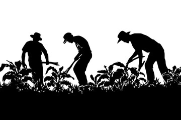 Farm workers harvesting without chemicals, black vector graphic