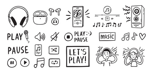 Audio music listening concept sound doodle hand drawn icon Set. Headphones interface buttons musical notes