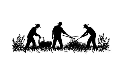 Farmers harvesting crops without machinery, vector graphic