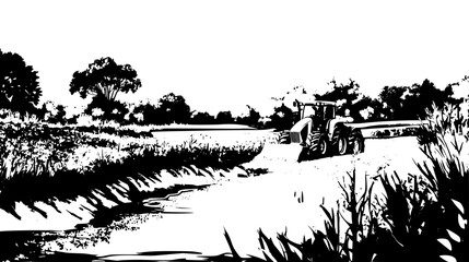 Farmers installing protective stream buffers, black vector graphic