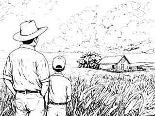 Farmers watching storm clouds gather, vector illustration