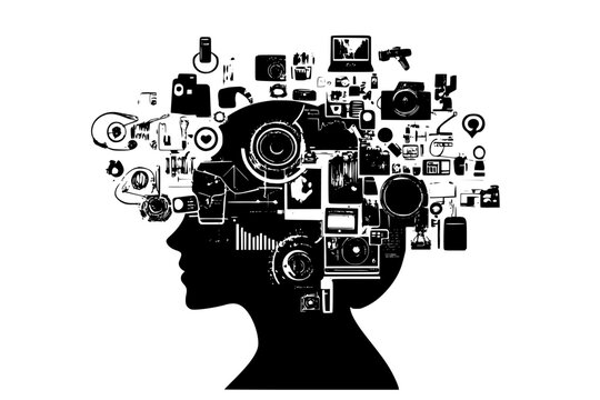 Intelligence embedded within everyday objects, black vector graphic