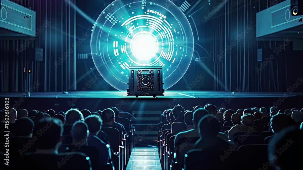Poster exciting performance at a high-tech venue with a captivating light show and audience engagement