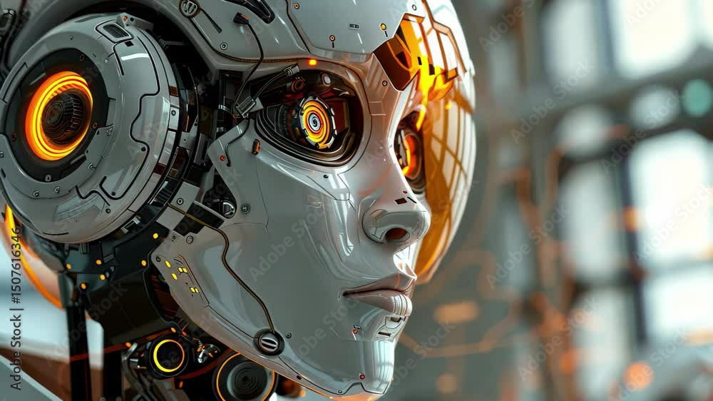 Aufkleber futuristic robotic face showcasing advanced technology and detailed design in a bright, modern envir