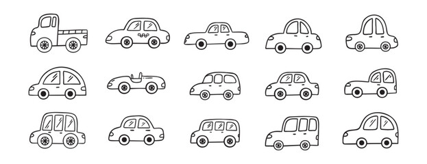 Car doodle hand drawn line icon set. Car drawing outline clipart