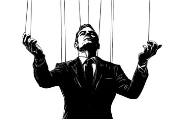Politician with puppet master strings, black vector graphic