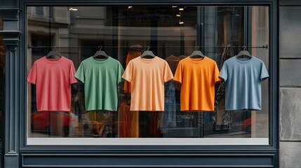Naklejka premium Colorful T-shirts displayed in a storefront window