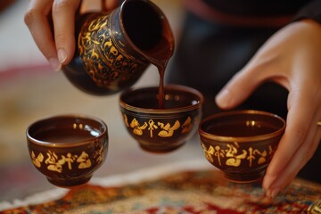 Pouring Beverage from Decorated Pitcher into Matching Cups