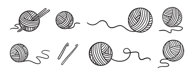 Ball of yarn or clews of thread for knitting doodle hand drawn icon set. Outline drawing ball of yarn line clipart symbol collection