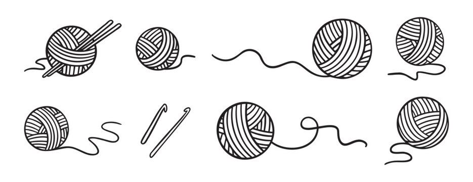 Ball of yarn or clews of thread for knitting doodle hand drawn icon set. Outline drawing ball of yarn line clipart symbol collection