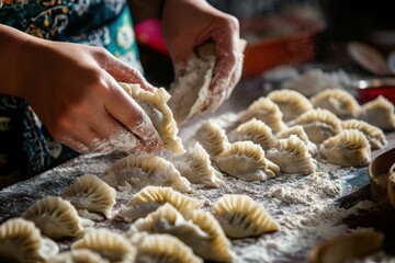 Close-up of Hands Preparing Fresh Dumplings Sprinkled with Flour